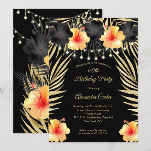 Lights Black Gold yellow Hibiscus Tropical Party Invitation