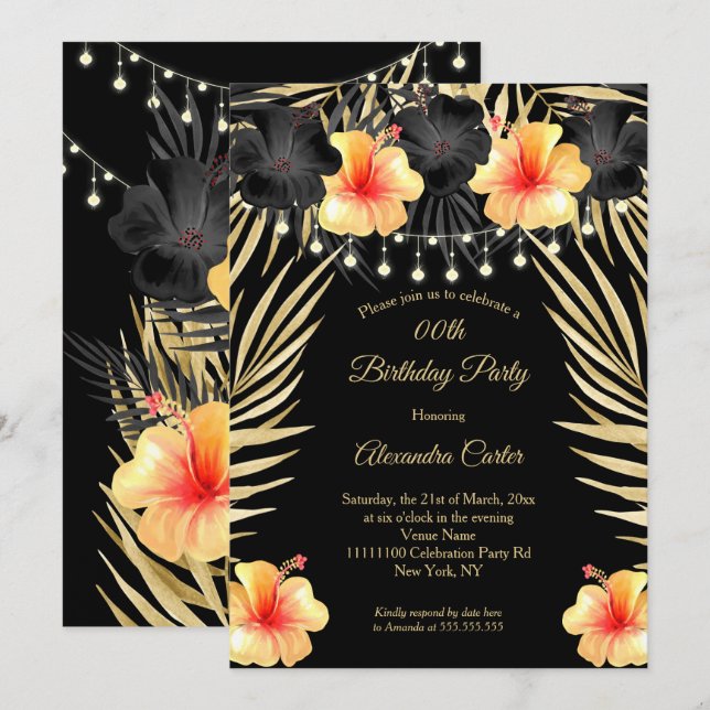Lights Black Gold yellow Hibiscus Tropical Party Invitation (Front/Back)