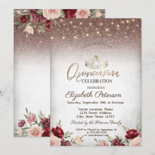 Lights,Burgundy Flowers Glitter Quinceañera Invitation