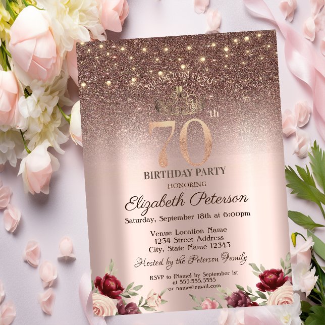  Lights,Burgundy Flowers Glitter, Rose Gold 70th Invitation (Creator Uploaded)
