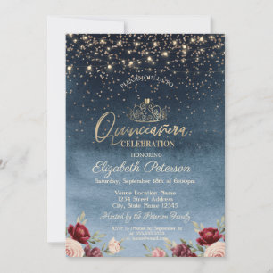 Lights,Burgundy Flowers Navy Blue Quinceañera    Invitation