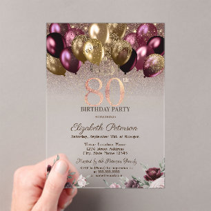  Lights,Burgundy Glitter Balloons 80th Birthday  Acrylic Invitations