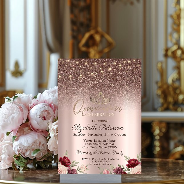  Lights,Burgundy Glitter, Rose Gold Quinceañera  Invitation (Creator Uploaded)