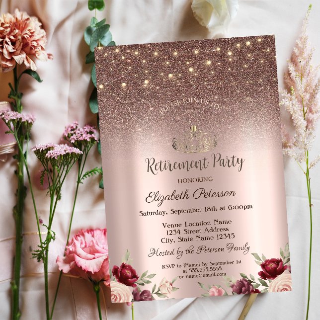  Lights,Burgundy Glitter, Rose Gold  Retirement  Invitation (Creator Uploaded)