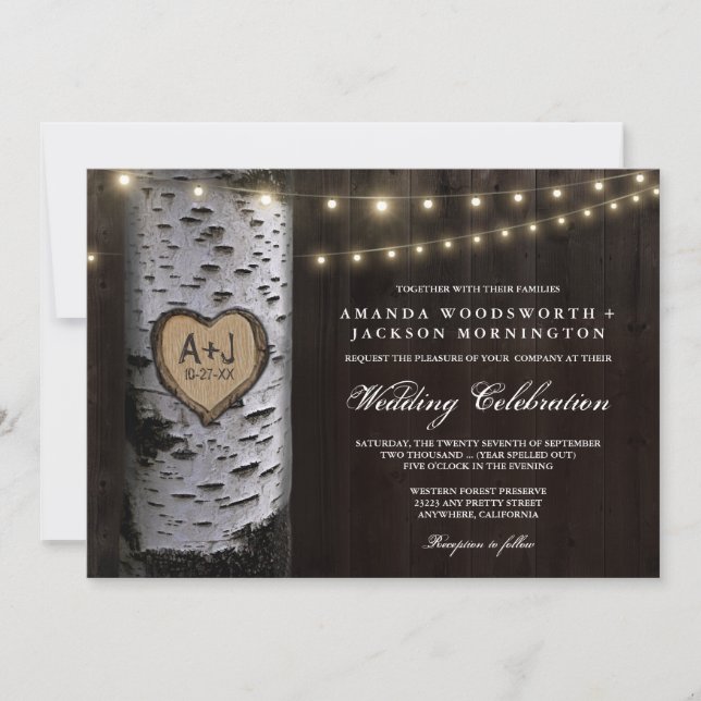 Lights + Carved Birch Tree Wedding Invitations (Front)