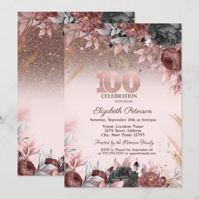  Lights,Chic Flowers Glitter 100th Birthday Invitation (Front/Back)