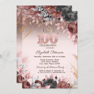  Lights,Chic Flowers Glitter 100th Birthday Invitation