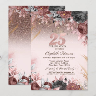 Lights,Chic Flowers Glitter 25th Birthday Invitation