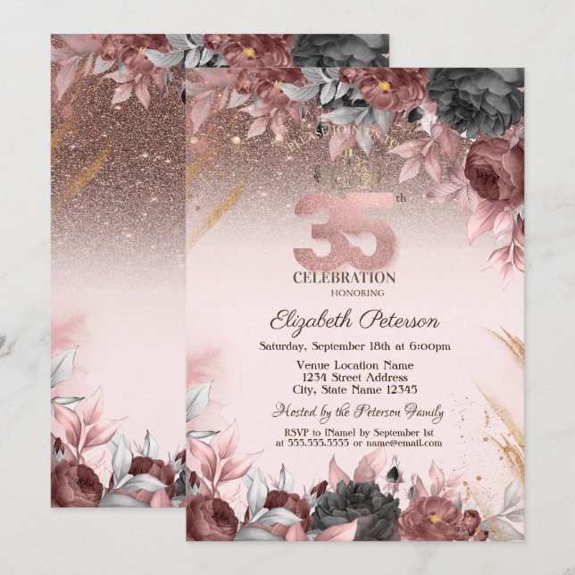  Lights,Chic Flowers Glitter 35th Birthday Invitation (Front/Back)