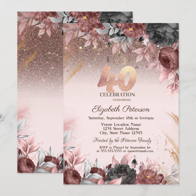  Lights,Chic Flowers Glitter 40th Birthday Invitation (Front/Back)