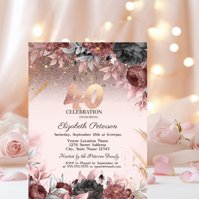  Lights,Chic Flowers Glitter 40th Birthday Invitation (Creator Uploaded)