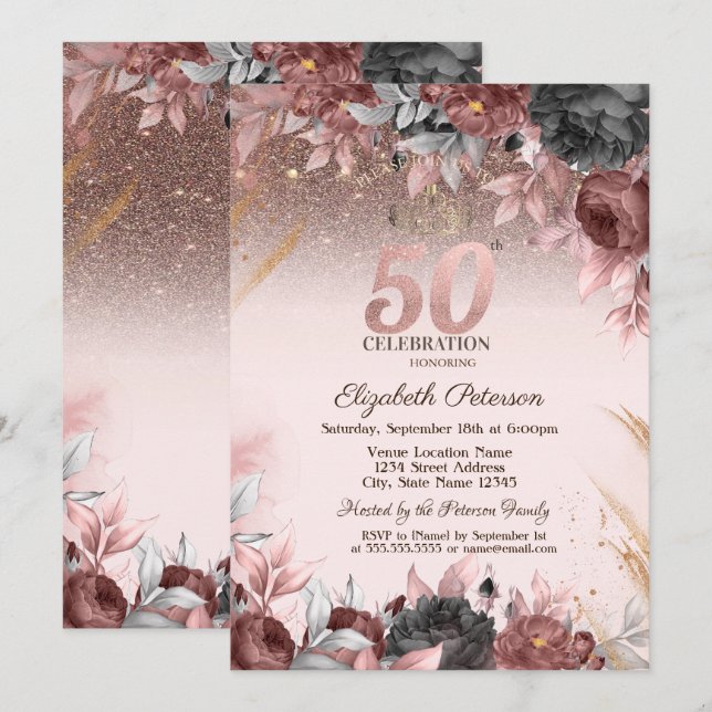  Lights,Chic Flowers Glitter 50th Birthday Invitation (Front/Back)