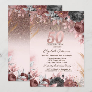 Lights,Chic Flowers Glitter 50th Birthday Invitation