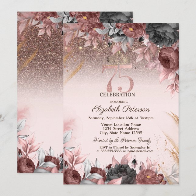  Lights,Chic Flowers Glitter 75th Birthday Invitation (Front/Back)