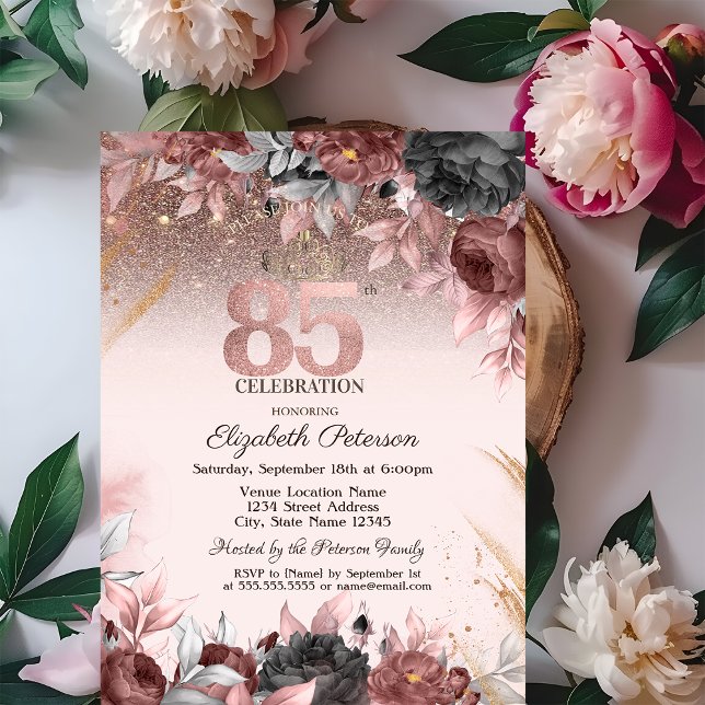  Lights,Chic Flowers Glitter 85th Birthday Invitation (Creator Uploaded)