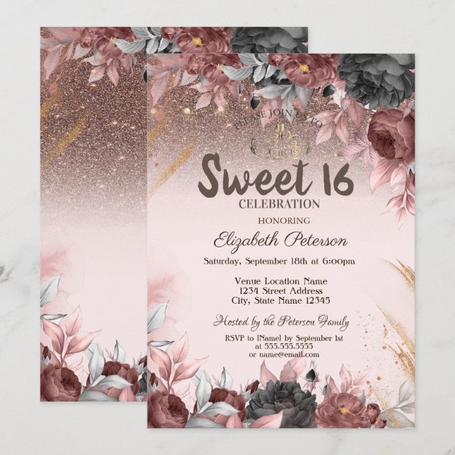  Lights,Chic Flowers Glitter Sweet 16  Invitation (Front/Back)