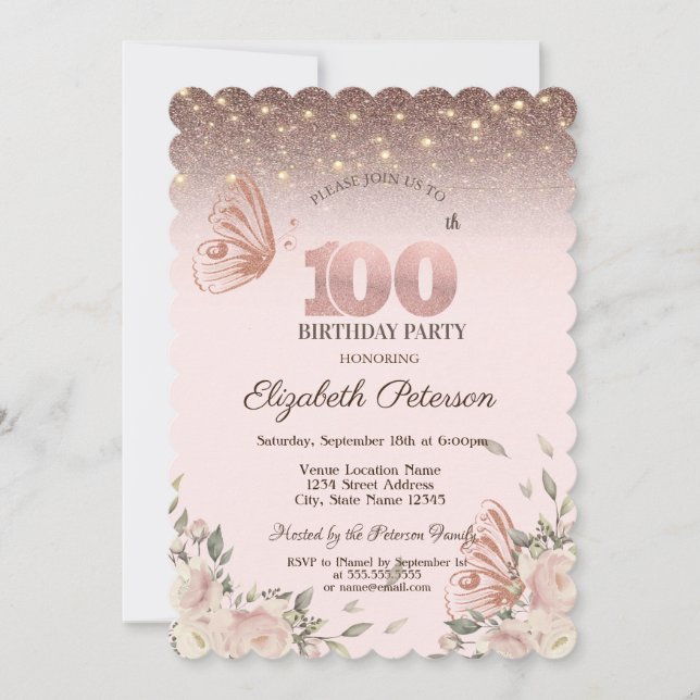  Lights,Flowers Glitter Butterflies 100th Birthday Invitation (Front)