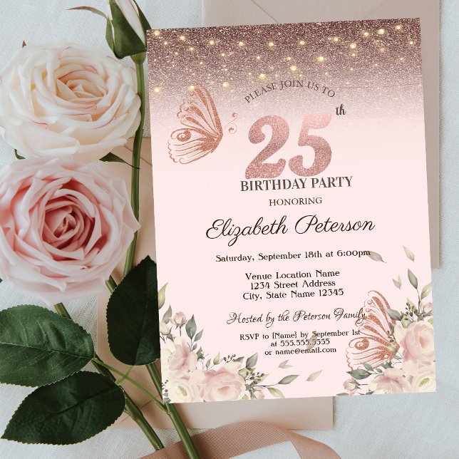  Lights,Flowers Glitter Butterflies 25th Birthday Invitation (Creator Uploaded)
