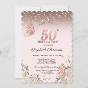 Lights,Flowers Glitter Butterflies 50th Birthday Invitation