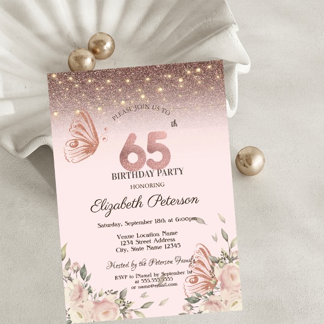  Lights,Flowers Glitter Butterflies 65th Birthday Invitation (Creator Uploaded)