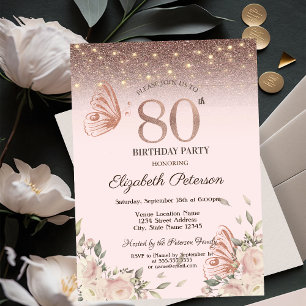 Lights,Flowers Glitter Butterflies 80th Birthday Invitation