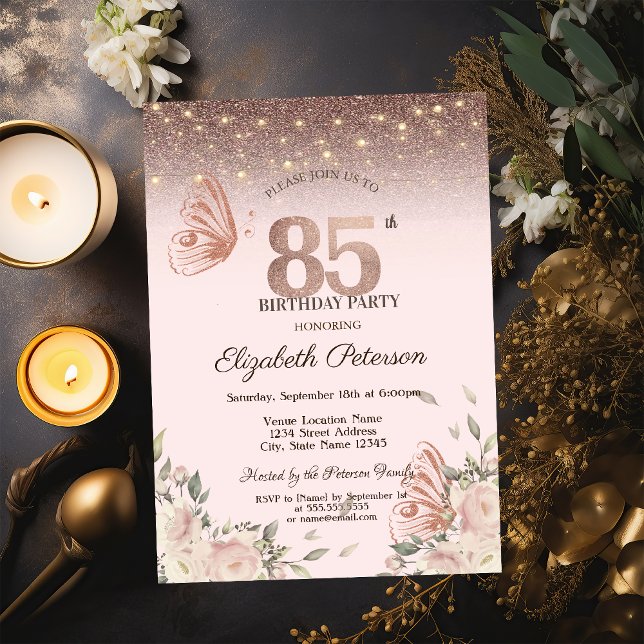  Lights,Flowers Glitter Butterflies 85th Birthday Invitation (Creator Uploaded)