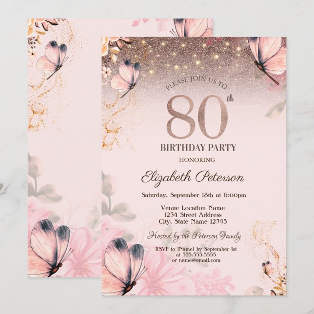  Lights,Flowers Pink Butterflies 80th Birthday Invitation (Front/Back)