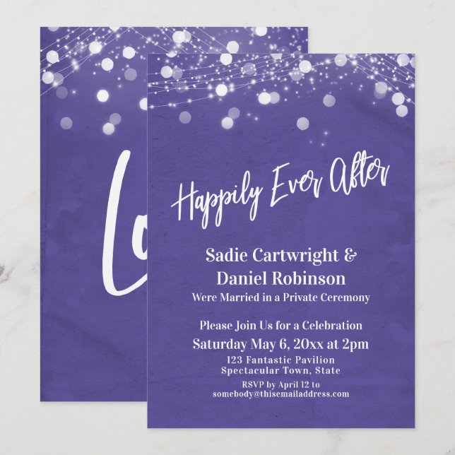 Lights Grunge Happily Ever After Reception Purple Invitation (Front/Back)