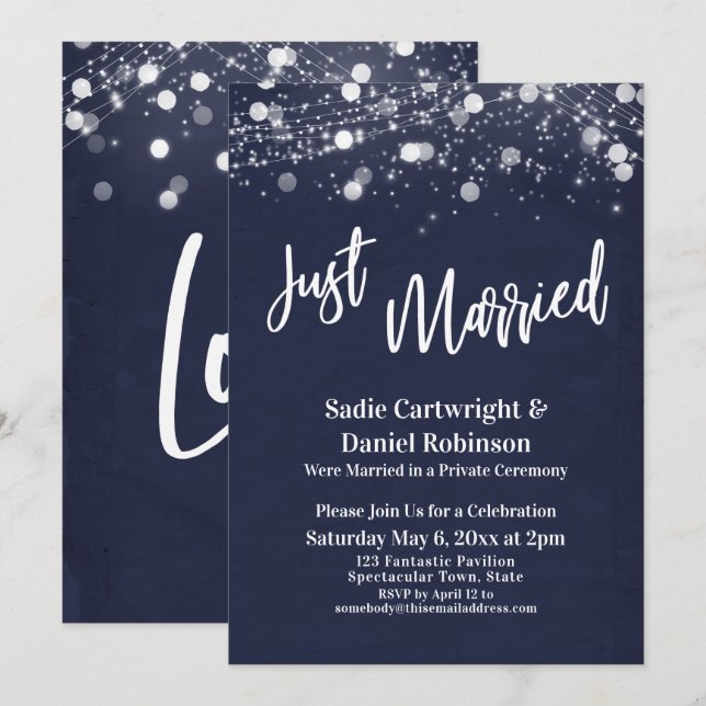 Lights Grunge Just Married Navy Reception-Only Invitation (Front/Back)