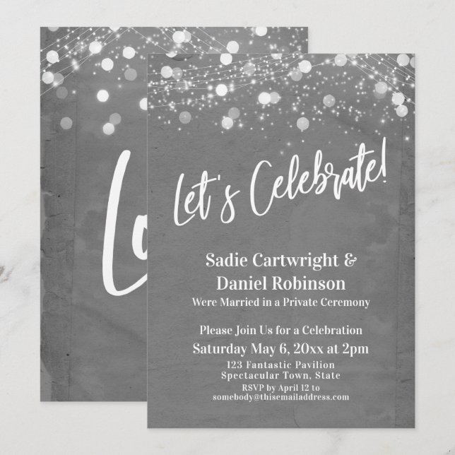 Lights Grunge Let's Celebrate Grey Reception Invitation (Front/Back)