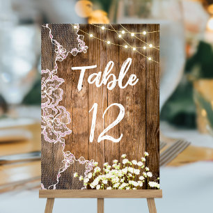 Lights Lace & Baby's Breath Wood Wedding Table Number