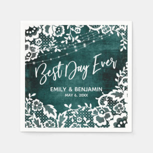 Lights & Lace Rustic Teal Best Day Ever Typography Napkin