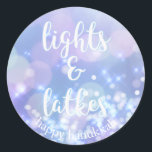 Lights & Latkes - Blue Sparkles Happy Hanukkah Classic Round Sticker<br><div class="desc">NewParkLane - Glamourous Hanukkah Stickers,  with blue sparkling,  glittering lights and fun quote 'lights & latkes' in a script typography. The backside says: 'happy hanukkah' in blue script.</div>