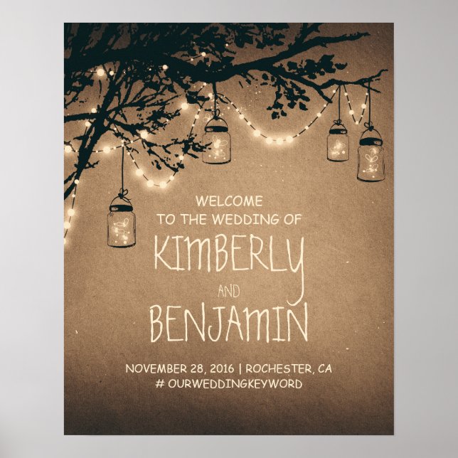 Lights Mason Jar Rustic Wedding Welcome Sign (Front)