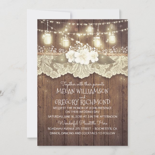 Lights Mason Jars Lace Rustic Country Chic Wedding Invitation (Front)
