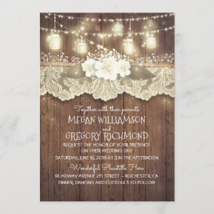 Lights Mason Jars Lace Rustic Country Chic Wedding Invitation
