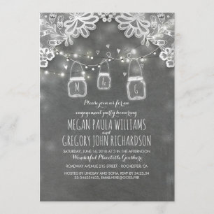 Lights Mason Jars Lace Rustic Engagement Party Invitation