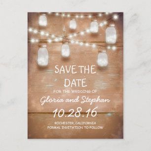 lights & mason jars rustic SAVE THE DATE postcard