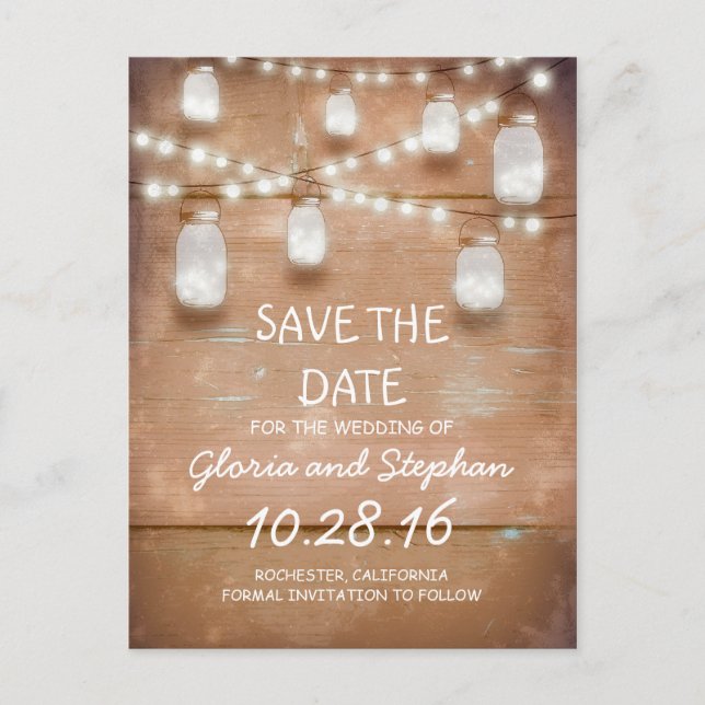 lights & mason jars rustic SAVE THE DATE postcard (Front)