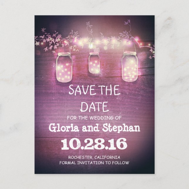 lights & mason jars rustic SAVE THE DATE postcard (Front)