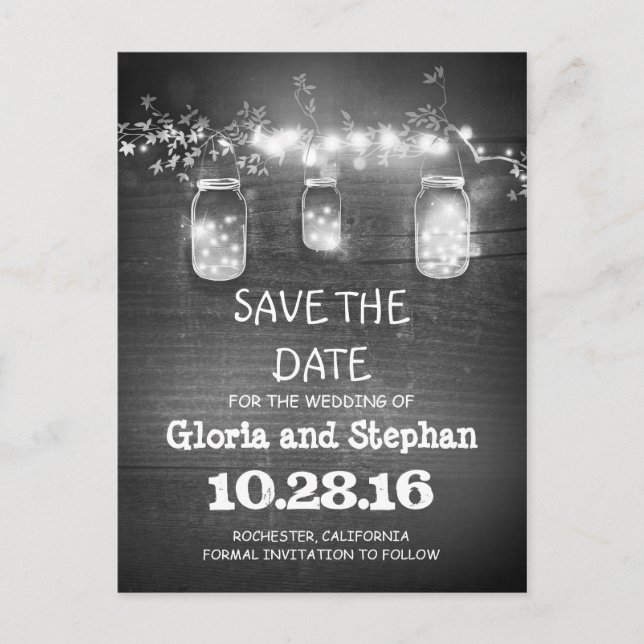 lights & mason jars rustic SAVE THE DATE postcard (Front)