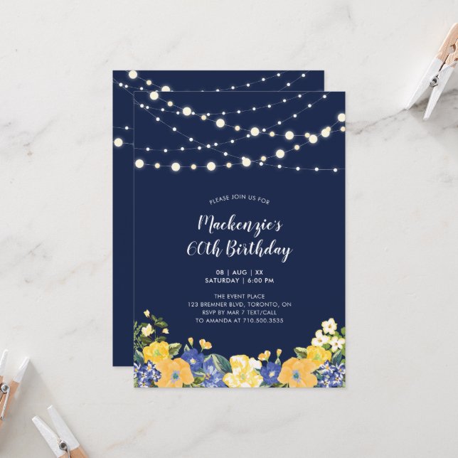 Lights & Navy Blue Floral Adult Birthday Party Invitation (Front/Back In Situ)