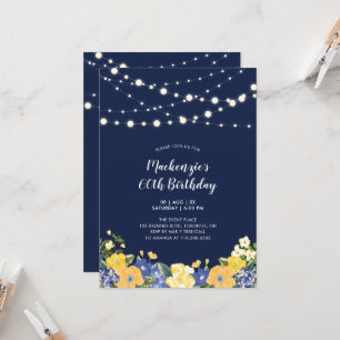 Lights & Navy Blue Floral Adult Birthday Party Invitation