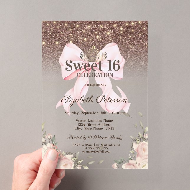 Lights, Pink Bow Flowers Glitter Sweet 16 Acrylic Invitations (Insitu (Handheld))