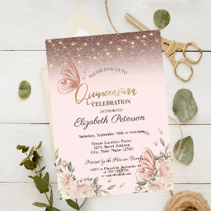 Lights,Pink Flower Glitter Butterflies Quinceañers Invitation