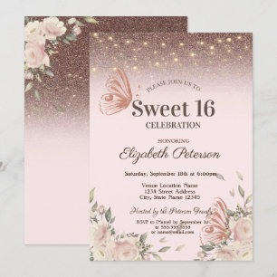 Lights, Pink Flowers Glitter Butterflies Sweet 16 Invitation