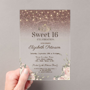 Lights, Pink Flowers Glitter Sweet 16 Acrylic Invitations