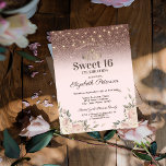 Lights, Pink Flowers Glitter Sweet 16 Invitation<br><div class="desc">A modern,  chic and glamourous QUINCEAÑERA with an elegant gold tiara,  string lights,  and pink flowers.</div>