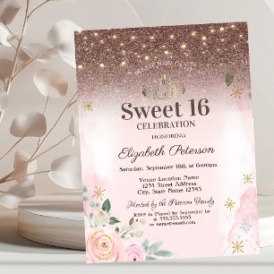 Lights, Pink Flowers Snowflakes Glitter Sweet 16 Invitation