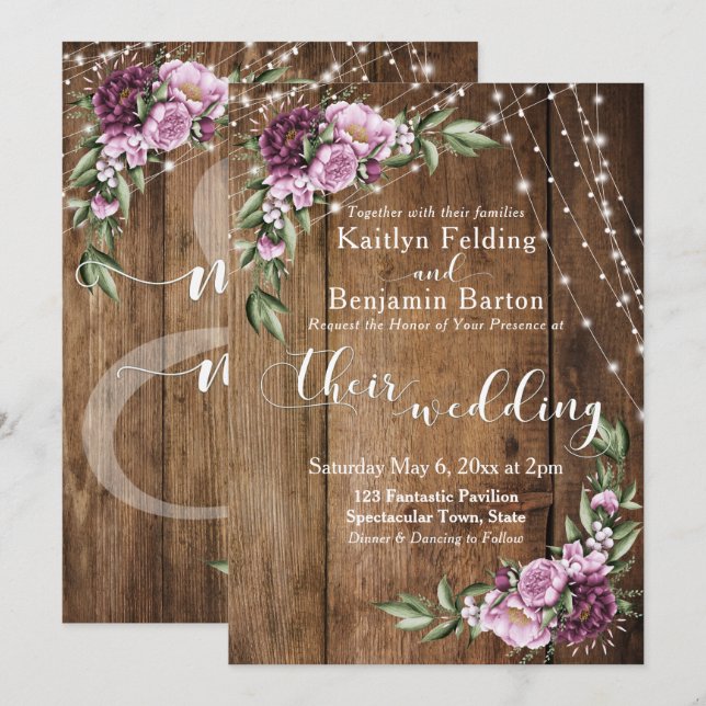 Lights & Pink Peonies Bouquet, Rustic Wood Wedding Invitation (Front/Back)